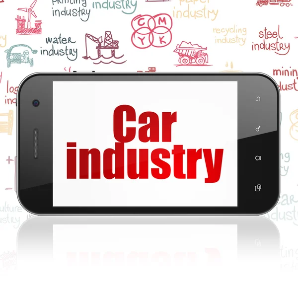 Conceito da indústria: Smartphone com indústria automóvel em exposição — Fotografia de Stock