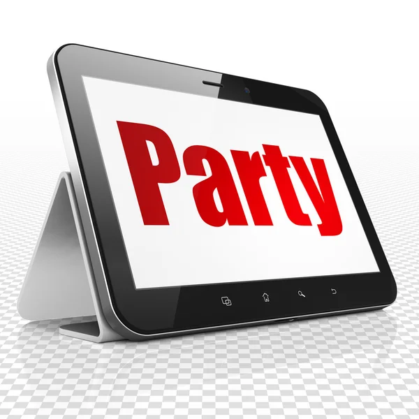 Entretenimiento, concepto: Tablet Computer con Party en pantalla — Foto de Stock