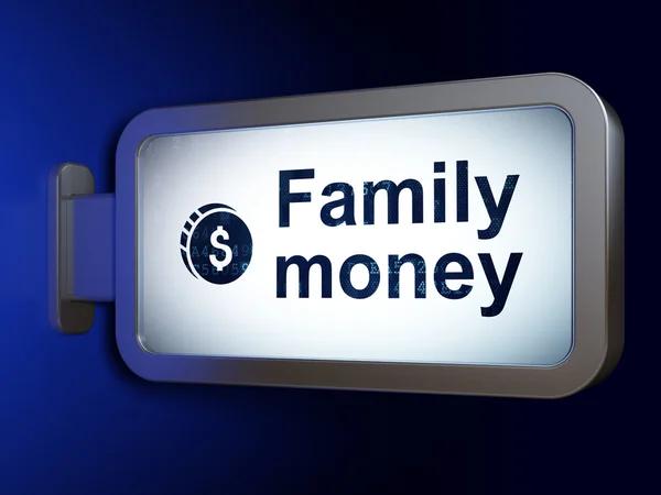 银行概念︰ 家庭金钱和美元硬币上广告牌背景 — 图库照片