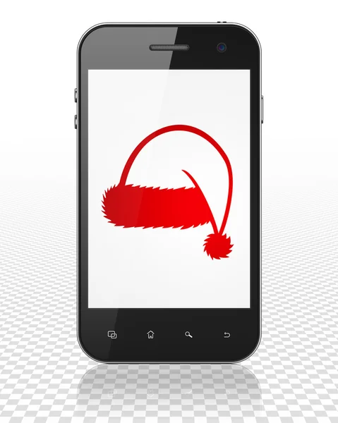 娱乐，概念：智能手机与圣诞帽展出 — 图库照片