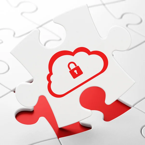 Concetto di cloud computing: cloud con lucchetto su sfondo puzzle — Foto Stock