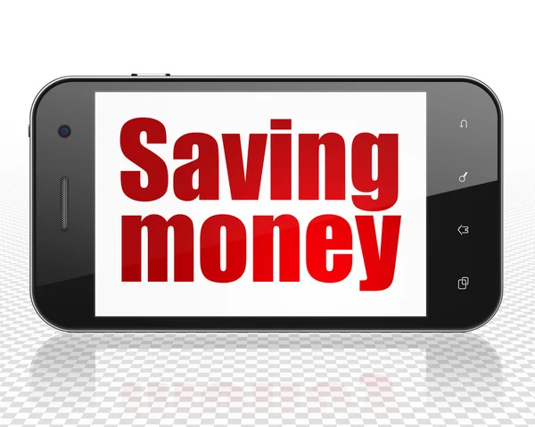 ファイナンスコンセプト:ディスプレイ上のお金を節約するスマートフォン — ストック写真