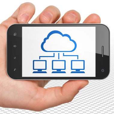 Bulut bilgi işlem kavramı: el Smartphone ile bulut ağ ekranda Holding