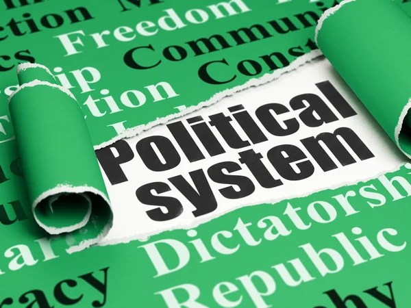 Political concept: black text Political System under the piece of  torn paper