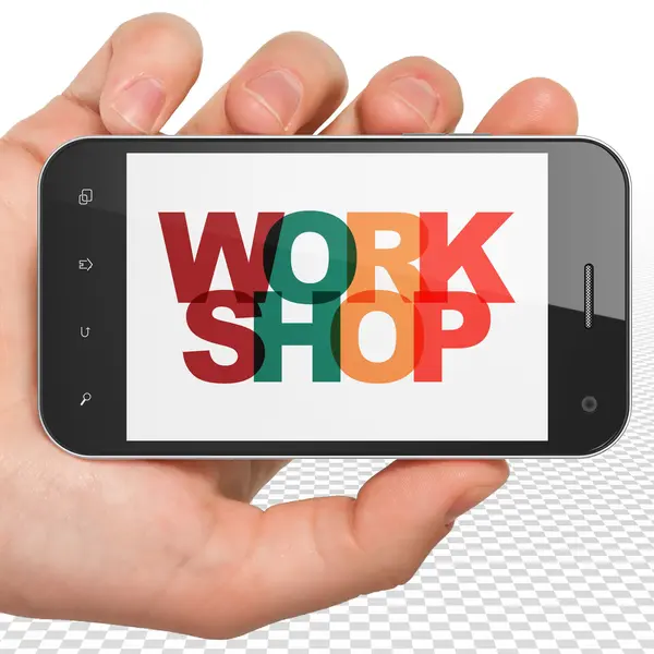 Concetto educativo: Smartphone portatile con Workshop in mostra — Foto Stock