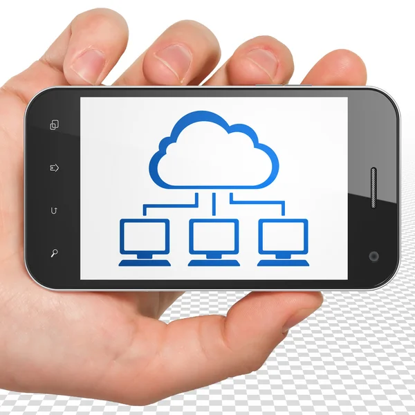 Concept de Cloud Computing : Smartphone main tenant avec Cloud Network à l'écran — Photo