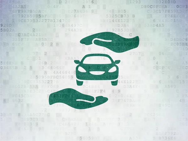 保険の概念: デジタル データ用紙の背景に車とパーム — ストック写真