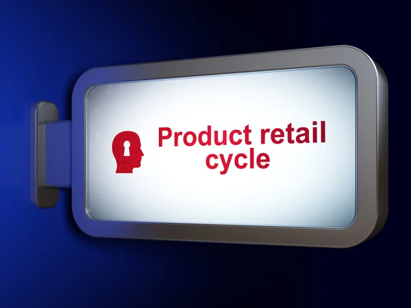 Concept publicitaire : Cycle et tête de vente au détail de produits avec trou de serrure sur fond de panneau d'affichage — Photo
