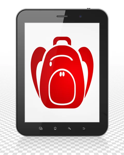 Concepto de estudio: Tablet PC Ordenador con mochila en pantalla —  Fotos de Stock