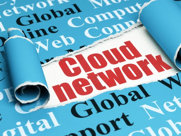 Ιδέα δικτύωσης σύννεφο: κόκκινο κείμενο cloud δίκτυο κάτω από το κομμάτι του σχισμένο χαρτί — Φωτογραφία Αρχείου