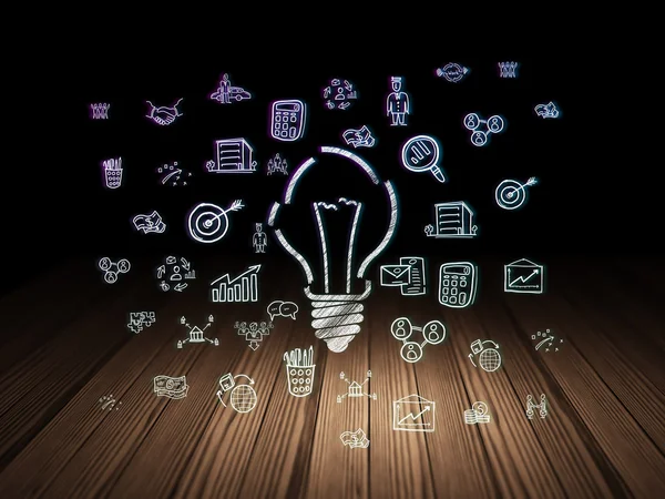 Finance concept: Light Bulb in grunge dark room — Stock Photo, Image