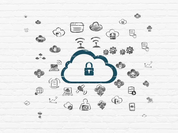 Cloud technology concept: Cloud With Padlock on wall background — Stockfoto