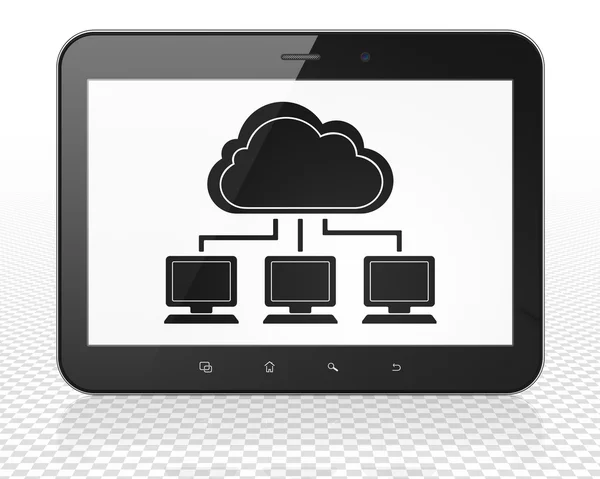 Облачные вычисления: планшетный компьютер с облачной сетью на дисплее — стоковое фото