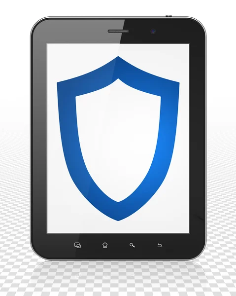 Privacy concept: Tablet PC computer met voorgevormde Shield op display — Stockfoto