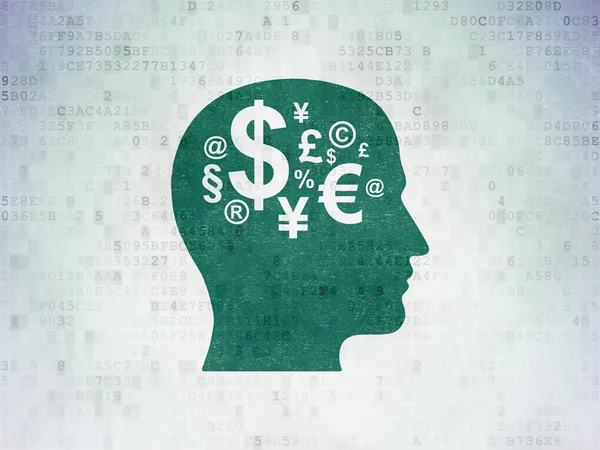 Concepto de finanzas: Head With Finance Symbol en el fondo del documento de datos digitales —  Fotos de Stock