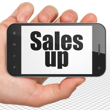 Pazarlama kavramı: el Smartphone ile satış kadar ekranda Holding