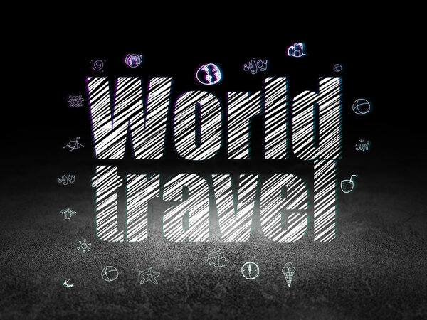 Tourism concept: Glowing text World Travel, Hand Drawn Vacation Icons in grunge dark room with Dirty Floor, black background