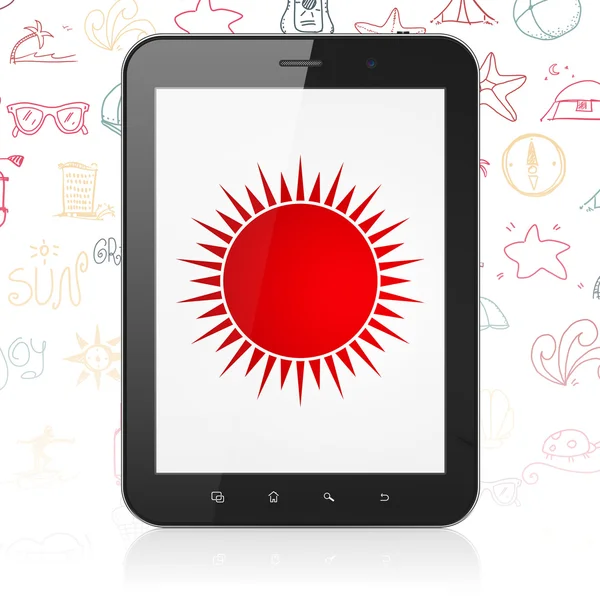 Vacation concept: Tablet Computer with Sun on display — Stok fotoğraf