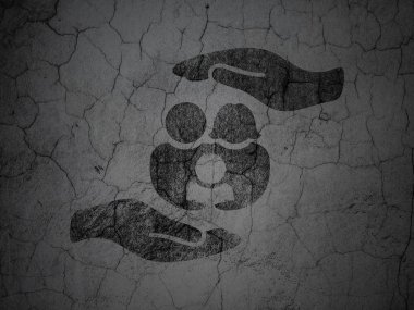 Insurance concept: Family And Palm on grunge wall background