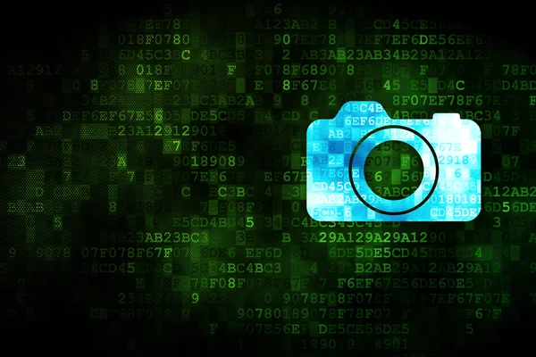 Resa koncept: fotokamera på digital bakgrund — Stockfoto