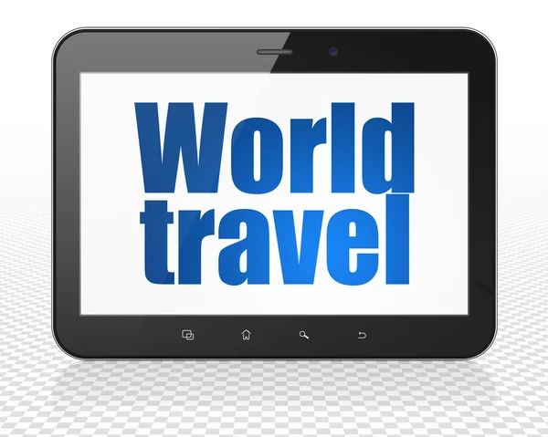 Conceito de turismo: Tablet PC Computador com World Travel em exibição — Fotografia de Stock