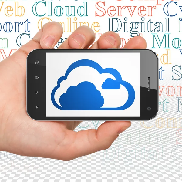Concept de Cloud Computing : Smartphone main tenant avec Cloud à l'écran — Photo