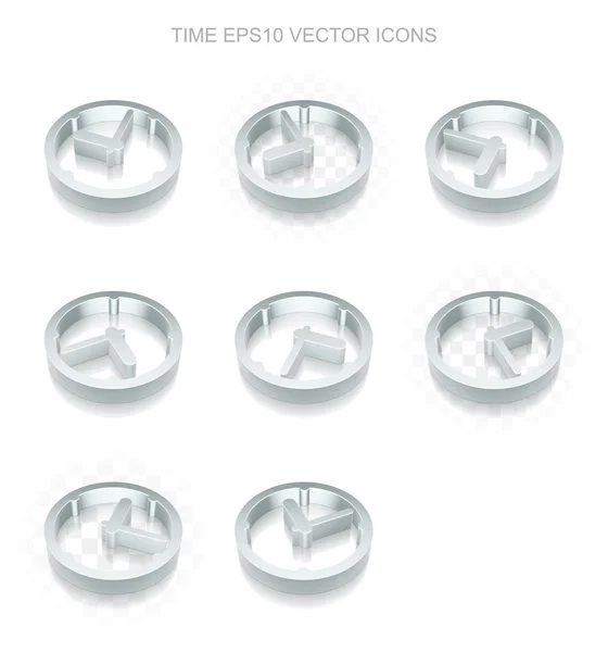 Zeitachsensymbole gesetzt: verschiedene Ansichten der metallischen Uhr, transparenter Schatten, Folge 10-Vektor. — Stockvektor