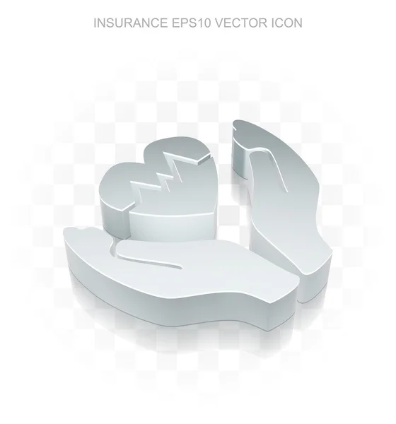 Versicherungs-Ikone: flaches metallisches 3D-Herz und Handfläche, transparenter Schatten, Folge 10 Vektor. — Stockvektor