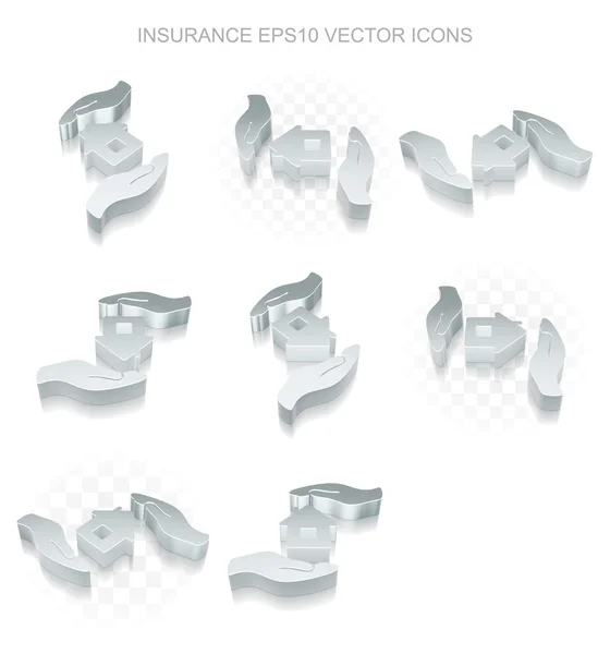 Set an Versicherungssymbolen: verschiedene Ansichten von metallischem Haus und Handfläche, transparenter Schatten, Vektor Folge 10. — Stockvektor