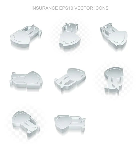 Set Versicherungssymbole: verschiedene Ansichten von metallischem Auto und Schild, transparenter Schatten, Folge 10 Vektor. — Stockvektor