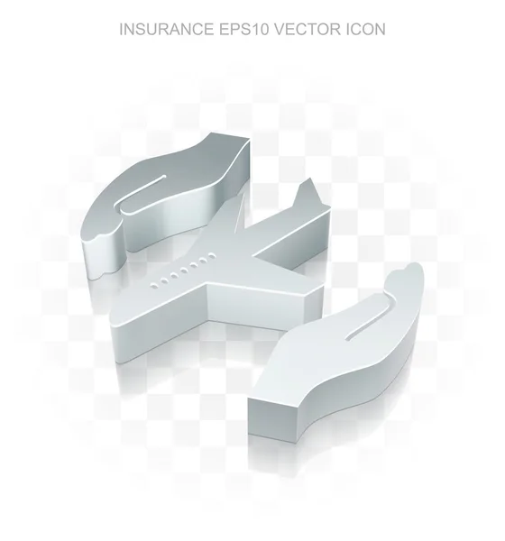 Versicherungs-Ikone: flaches metallisches 3D-Flugzeug und Handfläche, transparenter Schatten eps 10 Vektor. — Stockvektor