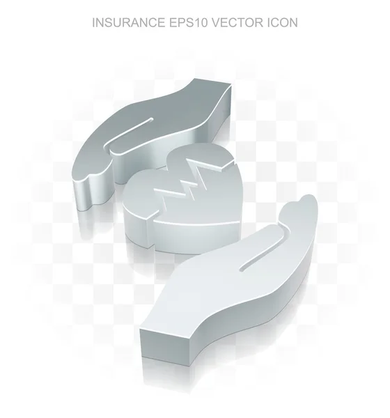 Versicherungs-Ikone: flaches metallisches 3D-Herz und Handfläche, transparenter Schatten, Folge 10 Vektor. — Stockvektor