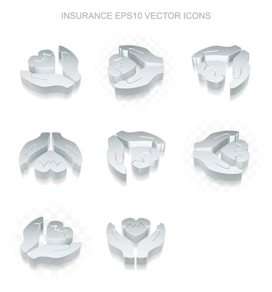 Set der Versicherungssymbole: verschiedene Ansichten des metallischen Herzens und der Handfläche, transparenter Schatten, Vektor Folge 10. — Stockvektor