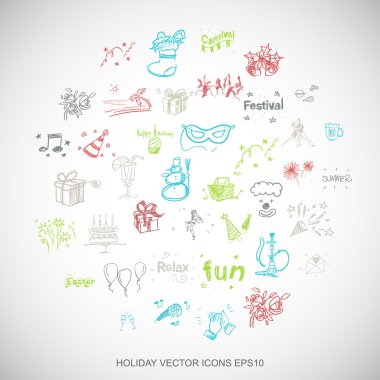 Çok renkli doodle'lar El Çizilmiş Tatil Simgeleri Beyaz ayarlayın. Eps10 vektör illüstrasyon.