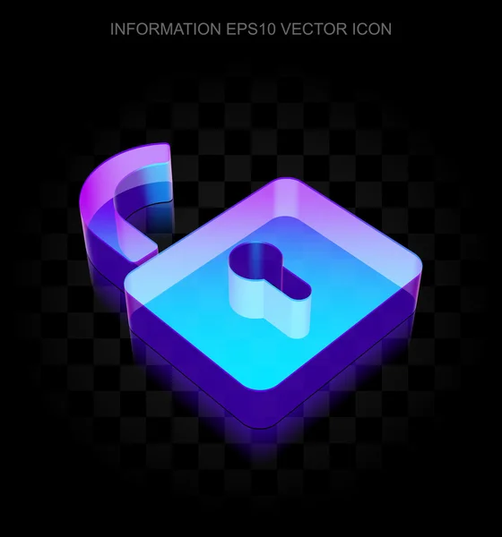 Data icon: 3d neon glowing Opened Padlock made of glass, EPS 10 vector. — Stock Vector