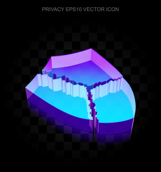 Privacy icon: 3d neon glowing Broken Shield made of glass, EPS 10 vector. — Stock Vector