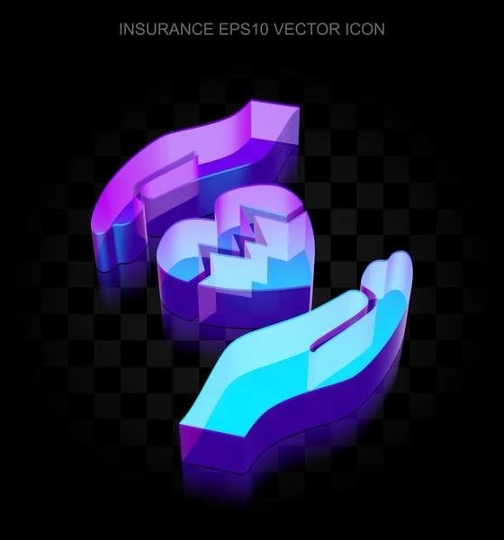 Icono de seguro: 3d neón brillante corazón y palma de vidrio, EPS 10 vector . — Vector de stock