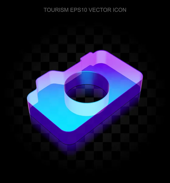 Ikona cestování: 3D neonové zářící fotografické kamery vyrobené ze skla, vektor EPS 10. — Stockový vektor