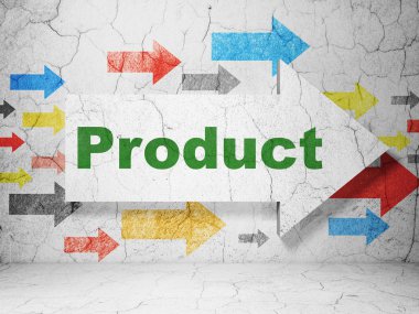 Reklam konsepti: grunge duvar arka plan üzerinde Ürün ile ok