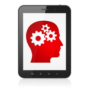 Data concept: Tablet Computer with Head With Gears on display