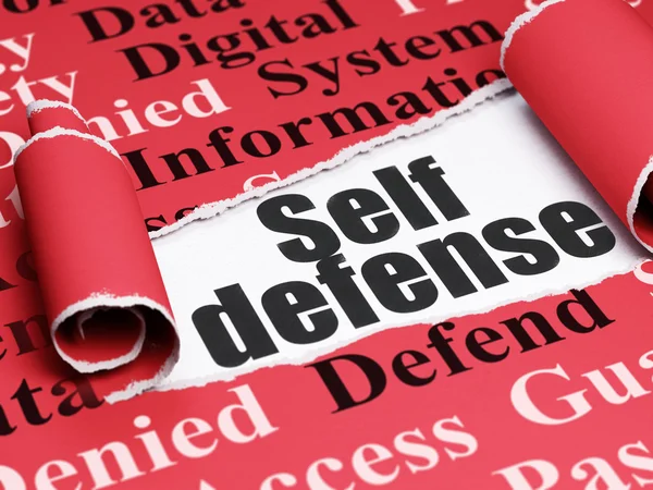 Privacy concept: zwarte tekst bestaan, Self Defense onder het stuk gescheurd papier — Stockfoto