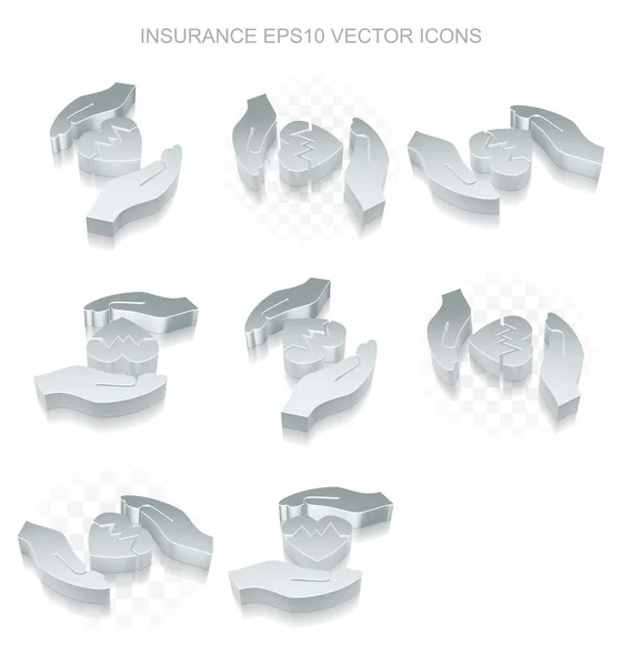 Set der Versicherungssymbole: verschiedene Ansichten des metallischen Herzens und der Handfläche, transparenter Schatten, Vektor Folge 10. — Stockvektor
