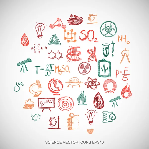 Mehrfarbige Kritzeleien handgezeichnete Wissenschaftssymbole, die auf weiß gesetzt sind. eps10 Vektorabbildung. — Stockvektor