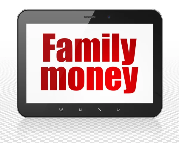 货币概念：平板电脑电脑与家庭钱显示 — 图库照片