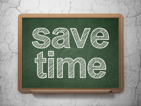 Time concept: text Save Time on Green chalkboard on grunge wall background, 3D rendering