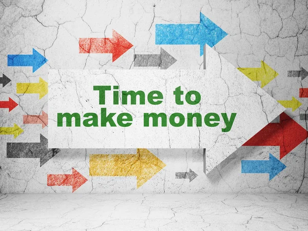 Tidslinje begrepp: pil med tid för att tjäna pengar på grunge vägg bakgrund — Stockfoto