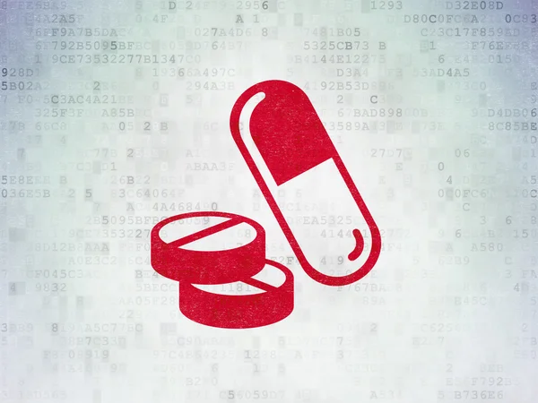 Concetto di medicina: pillole sullo sfondo della carta di dati digitale — Foto Stock