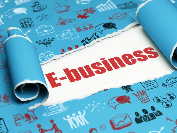 Affärsidé: röd text E-Business under den del av rivet papper — Stockfoto