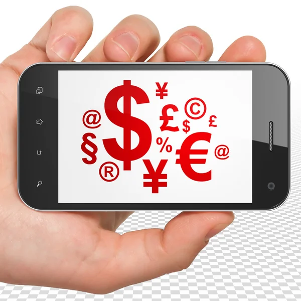 Концепция рекламы: ручной смартфон с финансовым символом на экране — стоковое фото