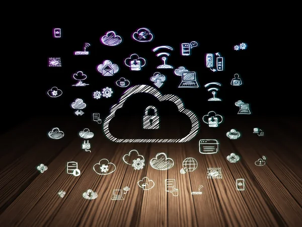 Cloud technology concept: Cloud With Padlock in grunge dark room — Stok fotoğraf